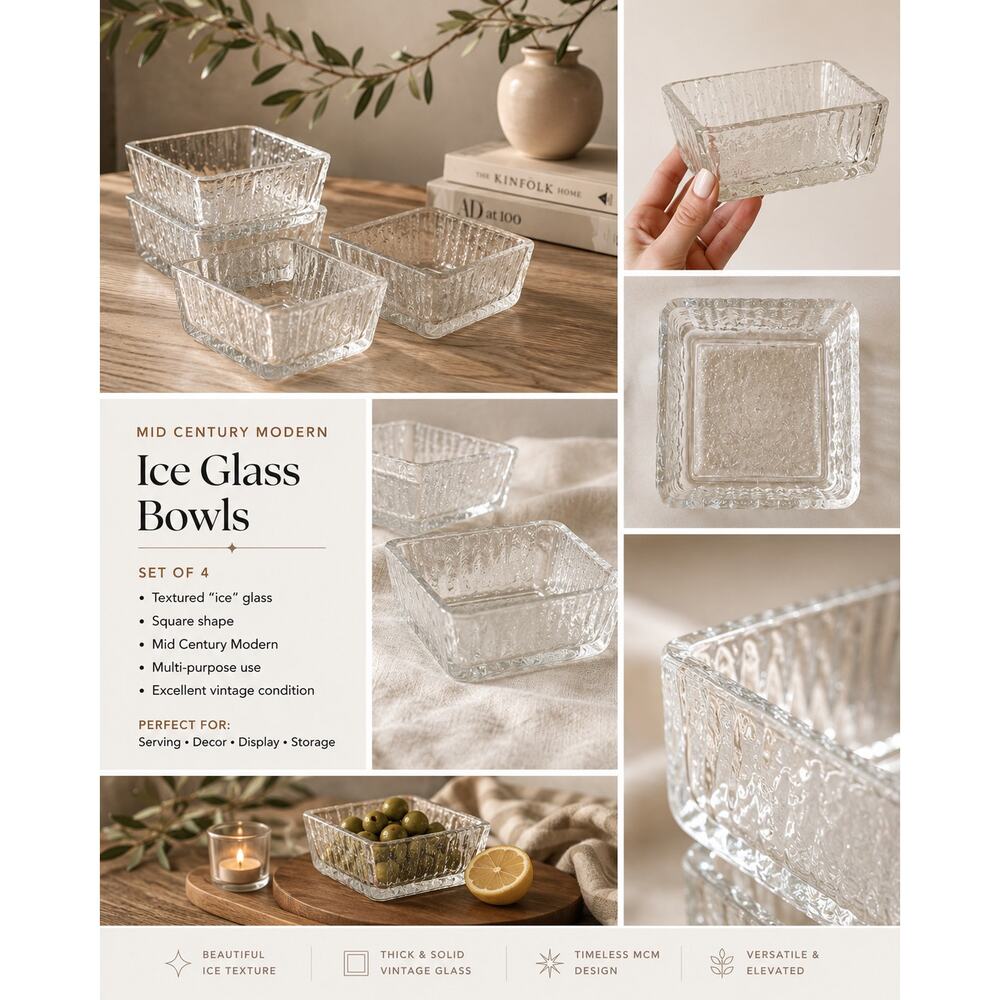 Vintage‎ Mid Century Ice Glass Bowls Textured Square Glass Set of 4 ✨